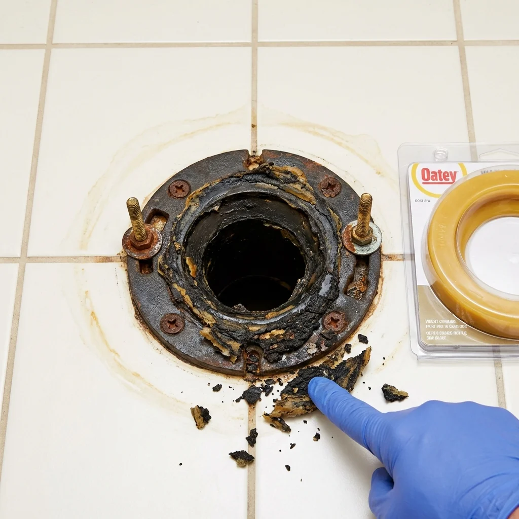Failed wax ring showing water seepage at the base of a toilet in a Tonto Basin, AZ home