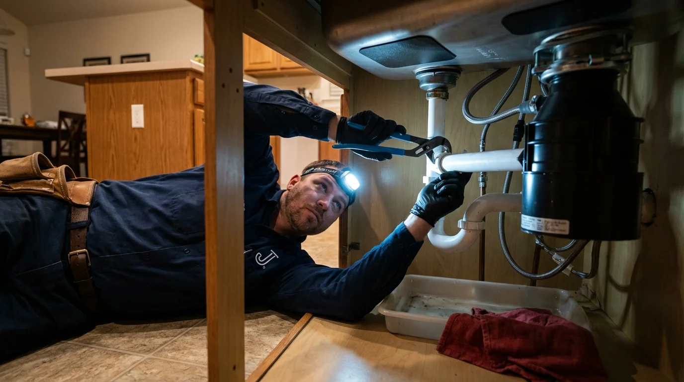 P-trap and supply line connections under a kitchen sink showing a common leak point in Tonto Basin, AZ